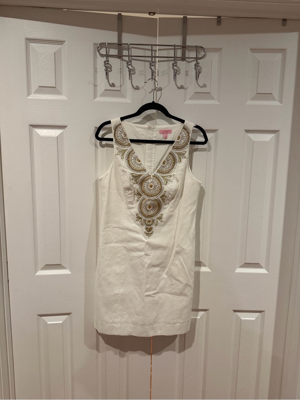 Lilly Pulitzer Gabby Shift White / Gold Embroidered V-Neck Dress NWT